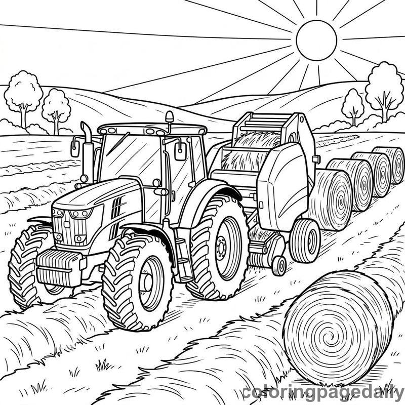 Tractor Baling Farm Hay - Daily printable coloring page in Vehicle category
