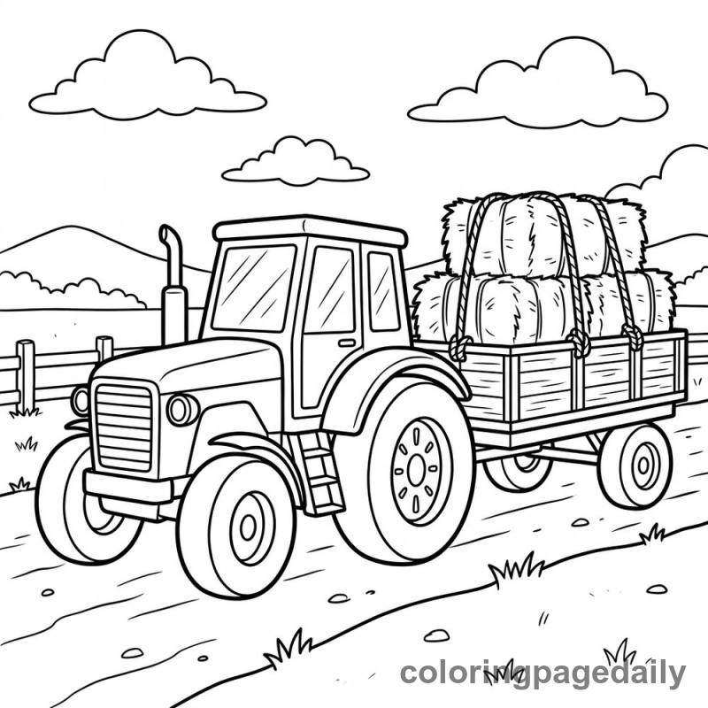 Tractor Pulling Hay - Daily printable coloring page in Vehicle category
