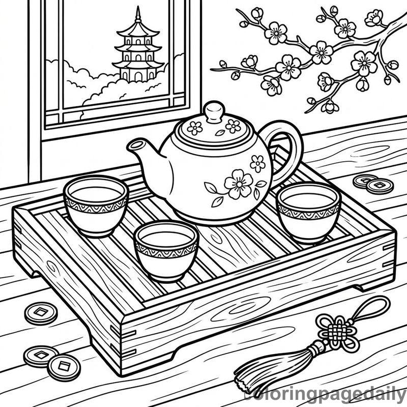 Traditional Chinese Tea Set - Daily printable coloring page in Chinese New Year category