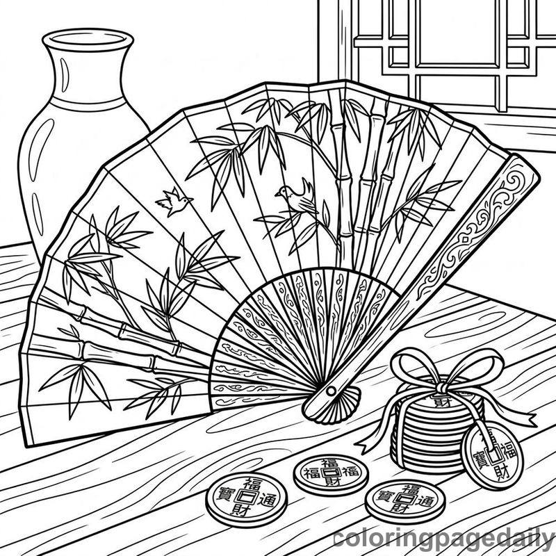 Traditional Folding Fan And Coins - Daily printable coloring page in Chinese New Year category