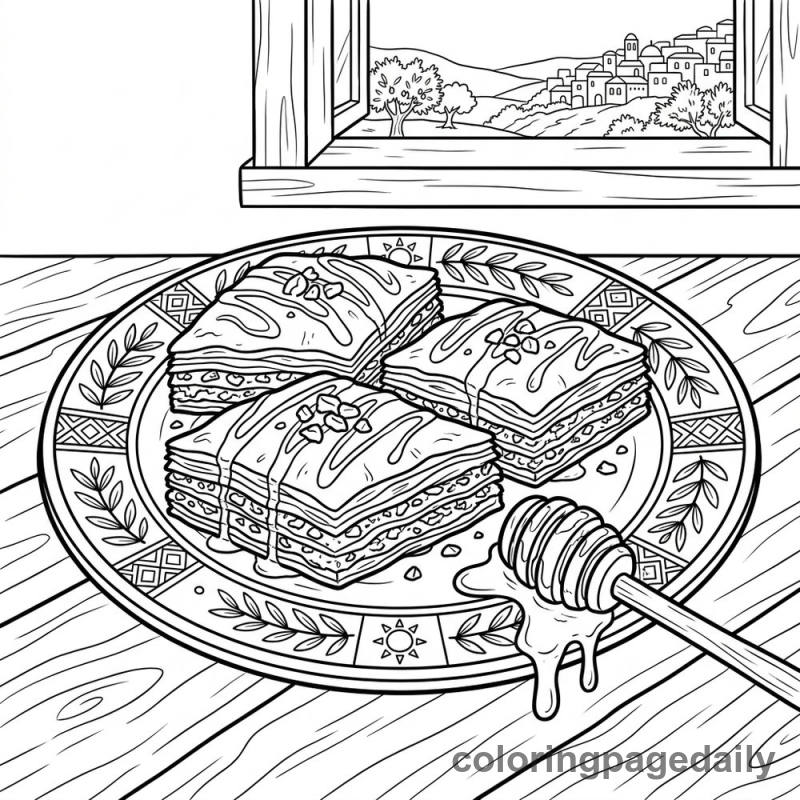 Traditional Greek Baklava Plate - Daily printable coloring page in Food category