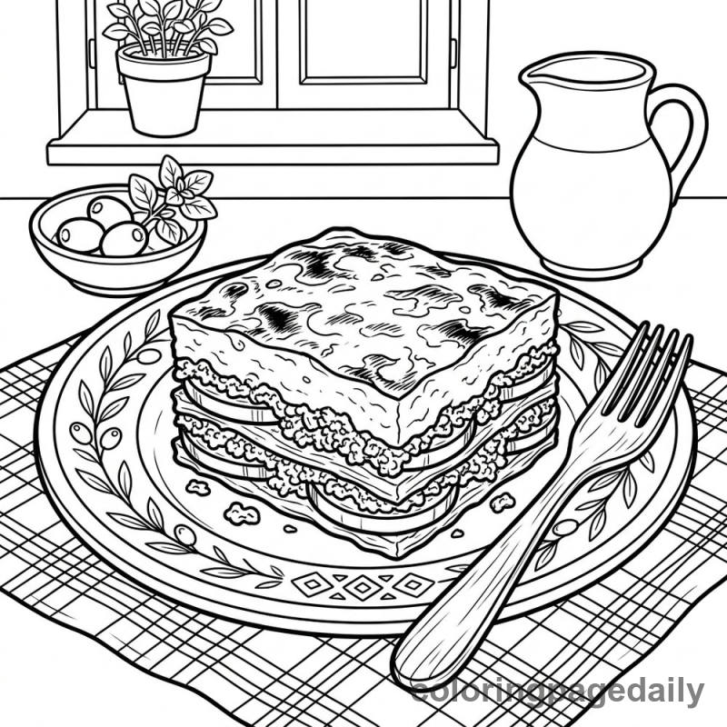 Traditional Greek Moussaka Plate - Daily printable coloring page in Food category