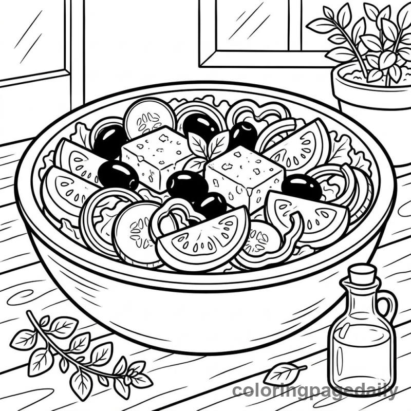 Traditional Greek Salad Bowl - Daily printable coloring page in Food category