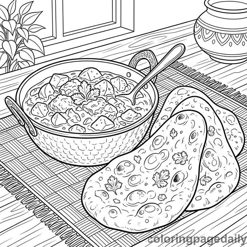 Traditional Indian Curry And Naan - Daily printable coloring page in Food category