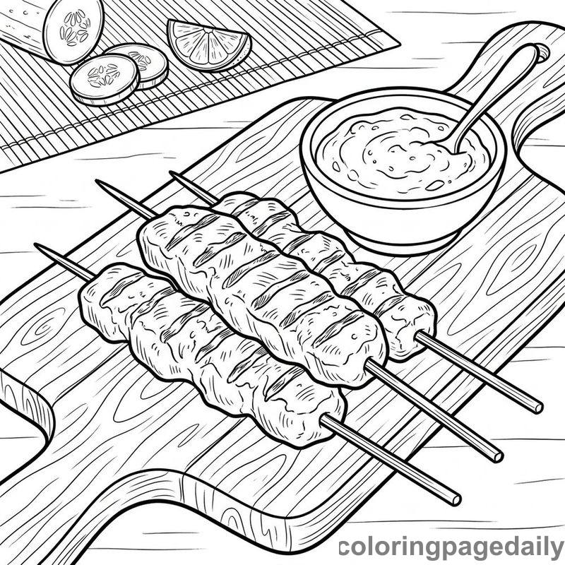 Traditional Indonesian Satay Skewers - Daily printable coloring page in Food category