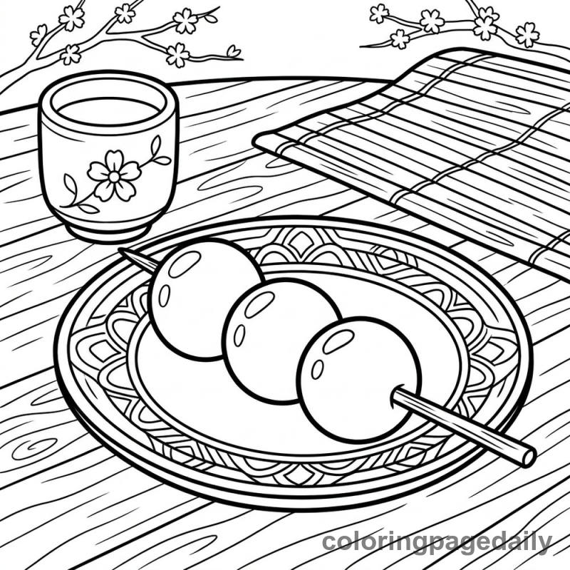 Traditional Japanese Dango Skewer - Daily printable coloring page in Food category