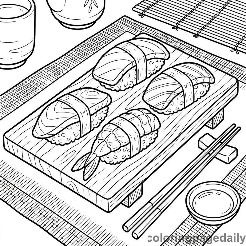 Traditional Japanese Sushi Platter - Daily printable coloring page in Food category