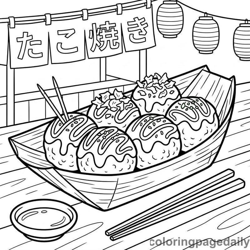 Traditional Japanese Takoyaki Boat - Daily printable coloring page in Food category