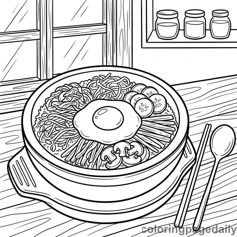 Traditional Korean Bibimbap Bowl - Daily printable coloring page in Food category