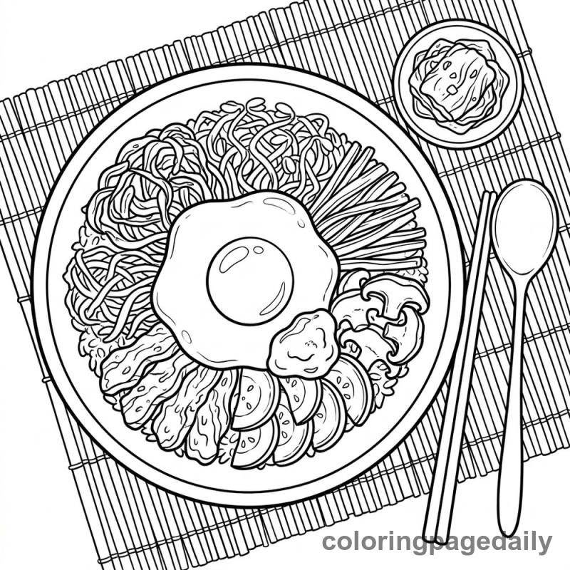 A bowl of traditional Korean Bibimbap with colorful vegetable sections and a fried egg