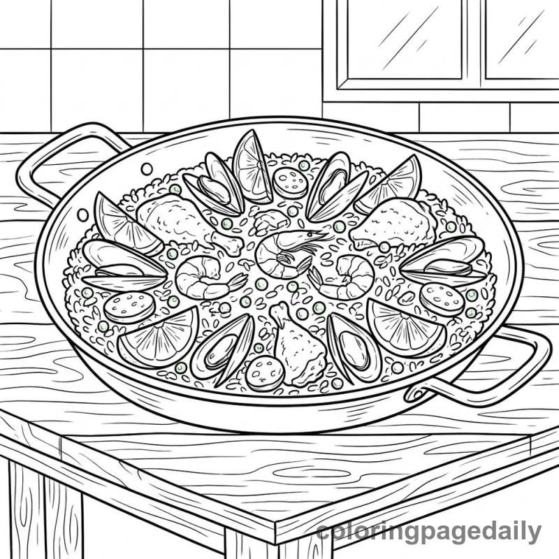 Traditional Spanish Paella in a wide pan with rice, peas, and lemon