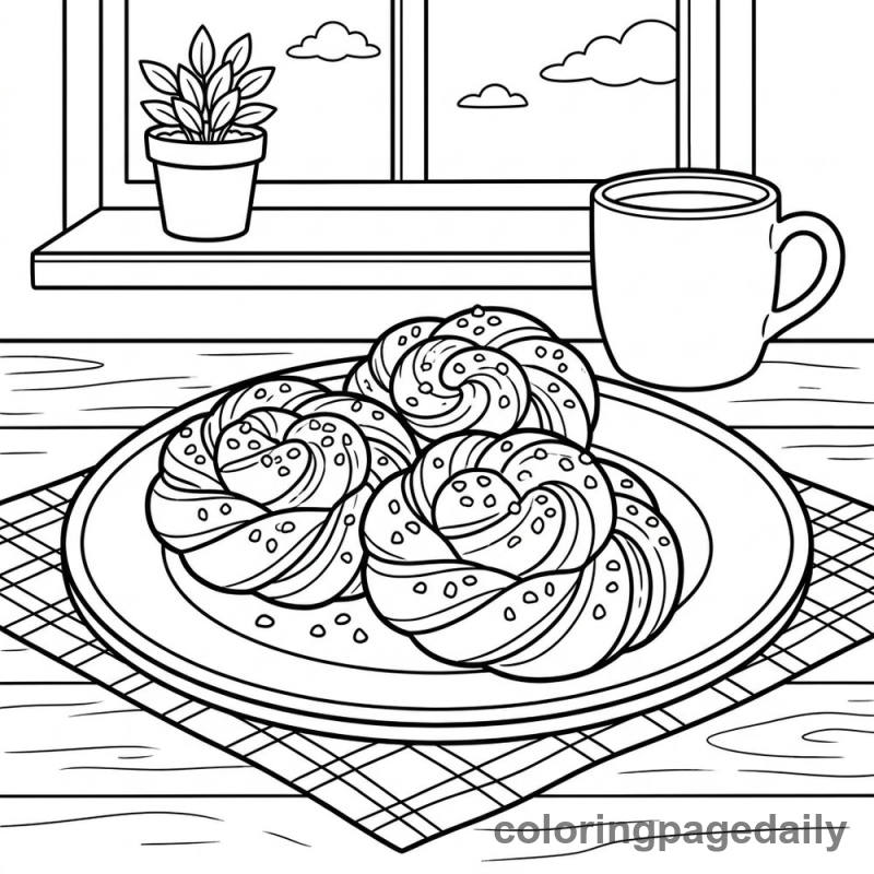 Traditional Swedish Cinnamon Buns - Daily printable coloring page in Food category