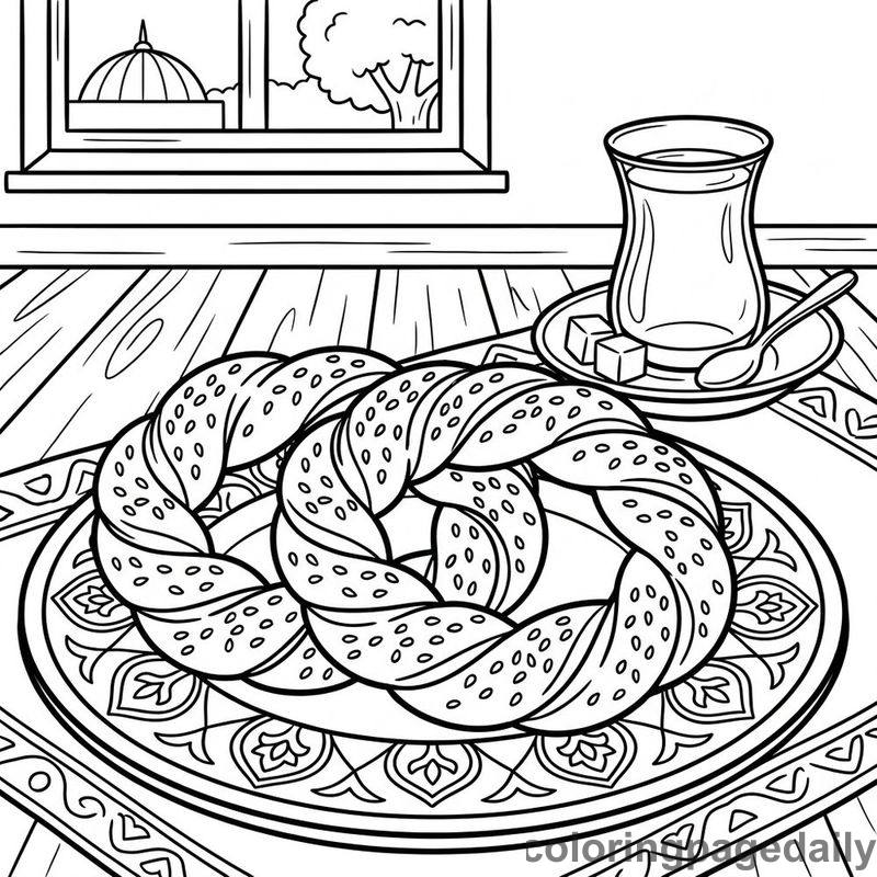 Traditional Turkish Simit Bread - Daily printable coloring page in Food category