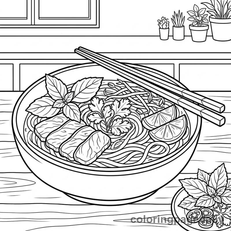 Traditional Vietnamese Pho Bowl - Daily printable coloring page in Food category