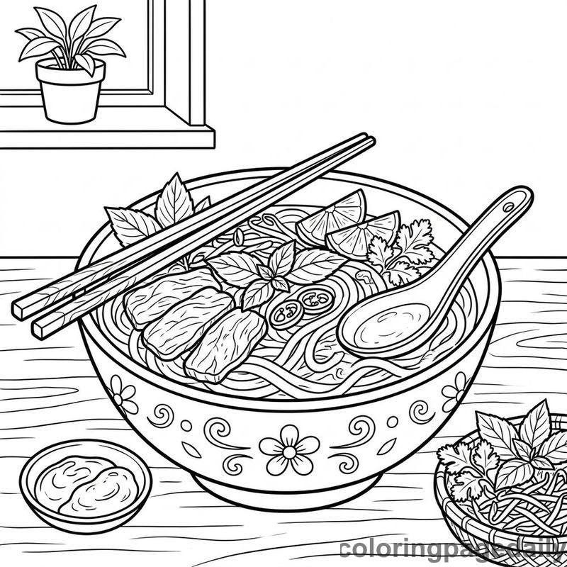 Traditional Vietnamese Pho Bowl - Daily printable coloring page in Food category