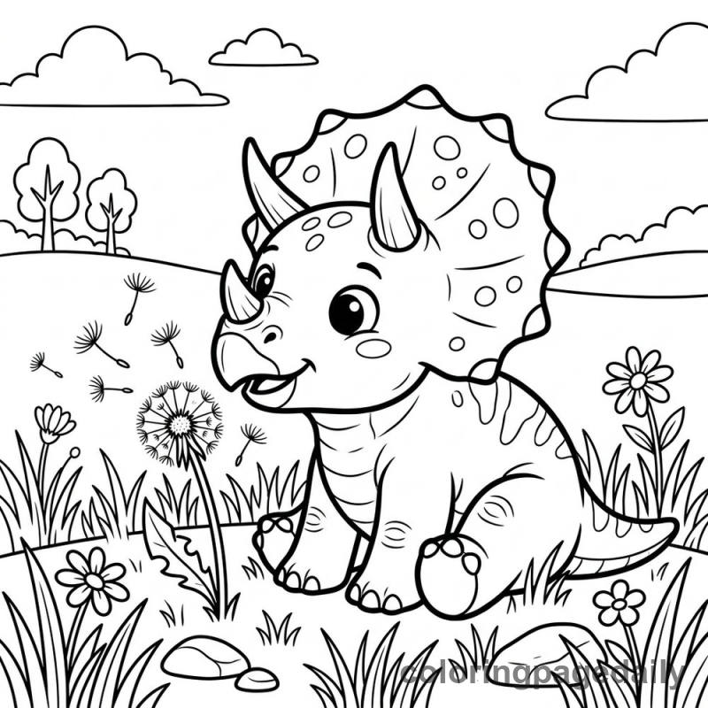Triceratops Blowing Dandelion - Daily printable coloring page in Dinosaur category