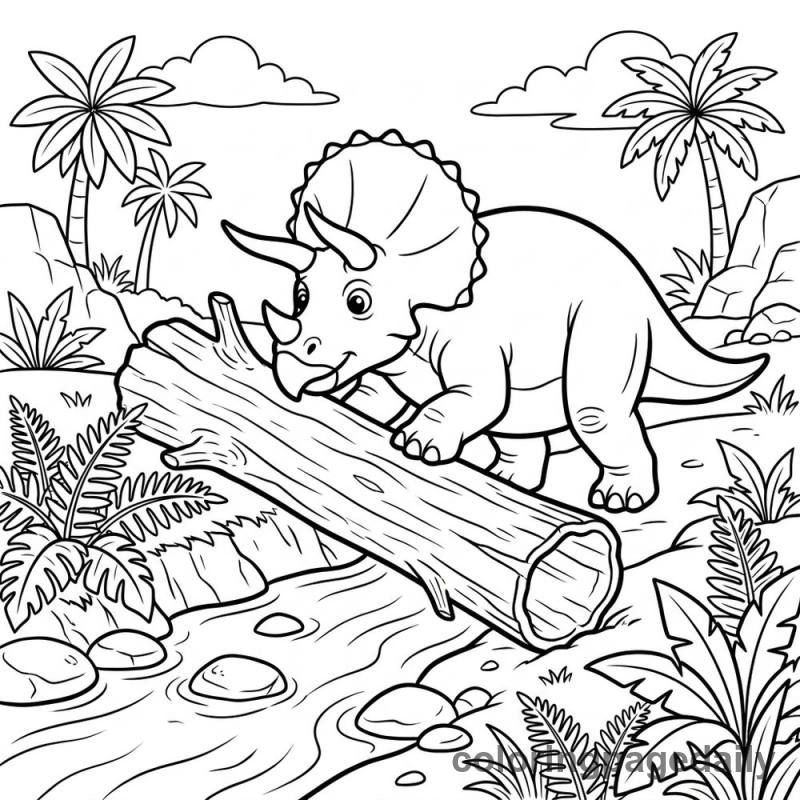 Triceratops Building Log Bridge - Daily printable coloring page in Dinosaur category