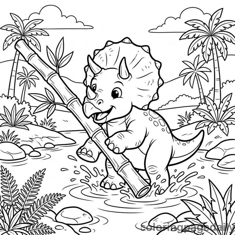 Triceratops Carrying Bamboo - Daily printable coloring page in Dinosaur category