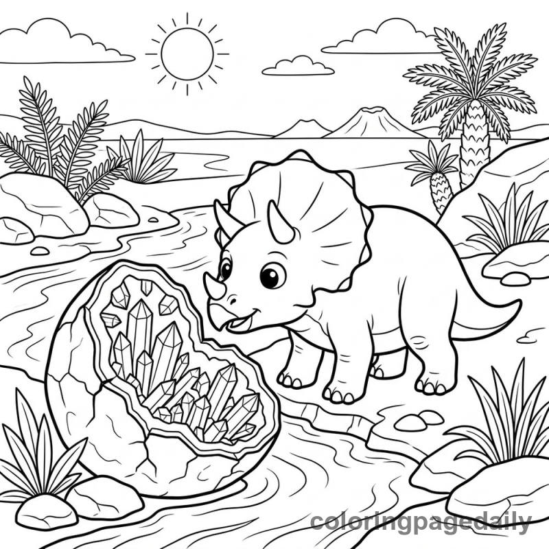Triceratops Inspecting A Crystal - Daily printable coloring page in Dinosaur category