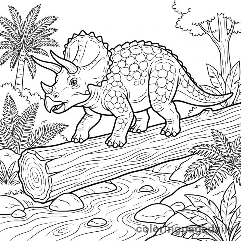 Triceratops Log Crossing - Daily printable coloring page in Dinosaur category