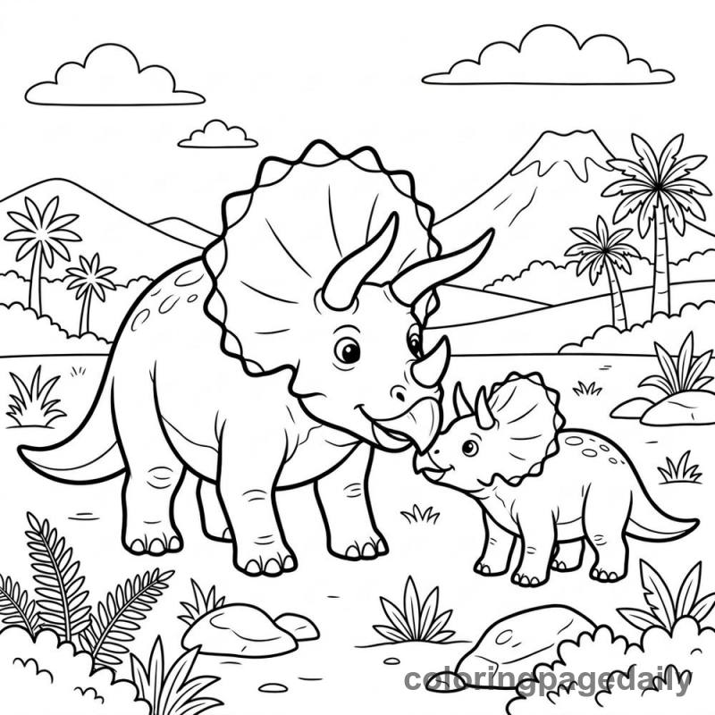 Triceratops Mom And Baby - Daily printable coloring page in Dinosaur category