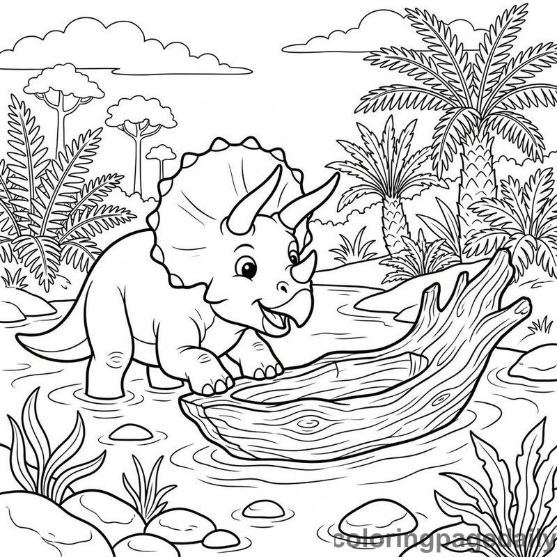 Triceratops Nudging Driftwood Boat - Daily printable coloring page in Dinosaur category