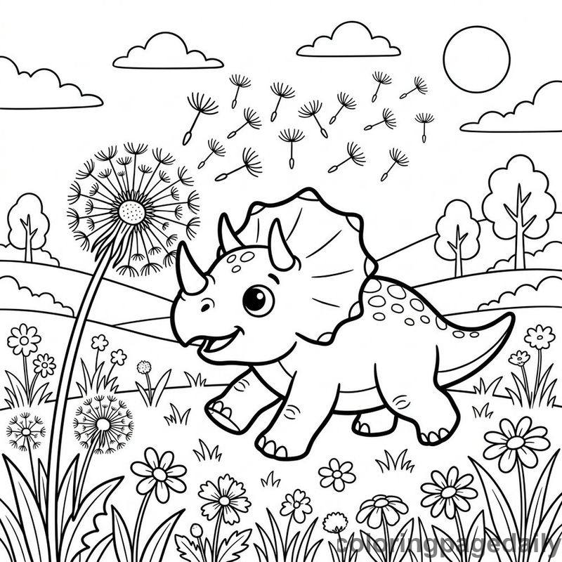 Triceratops Nudging Giant Dandelion - Daily printable coloring page in Dinosaur category