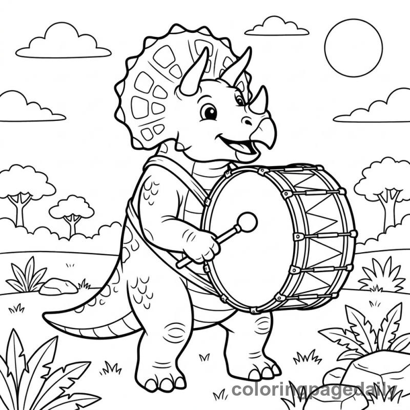 Triceratops Playing Drum - Daily printable coloring page in Dinosaur category