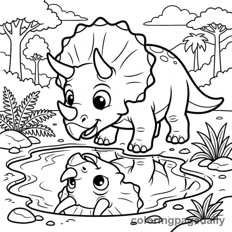 Triceratops Puddle Reflection - Daily printable coloring page in Dinosaur category