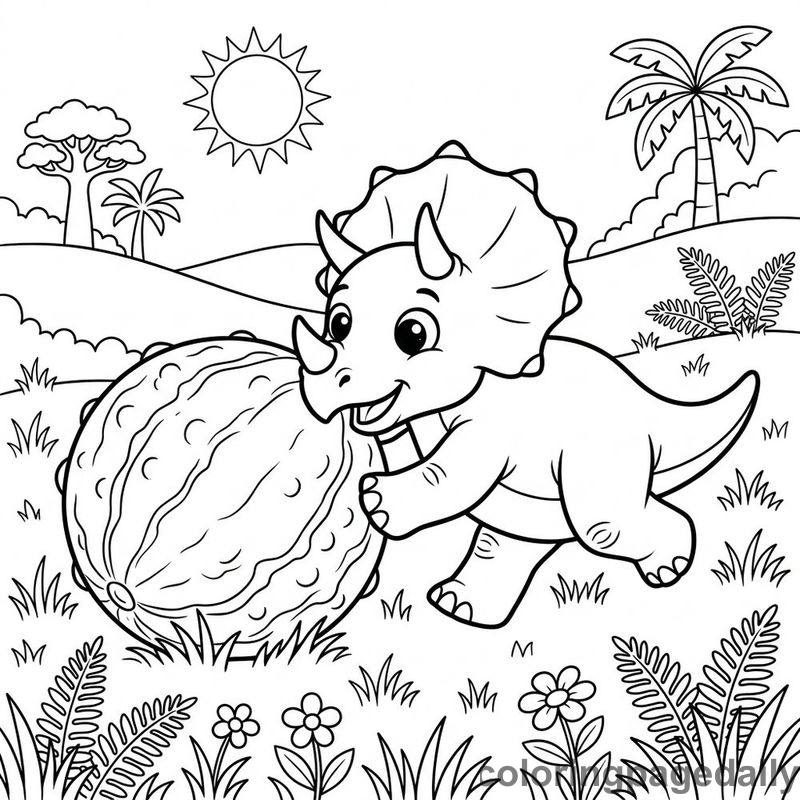 Triceratops Pushing Melon - Daily printable coloring page in Dinosaur category