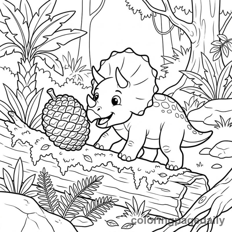 Triceratops Pushing Prehistoric Pinecone - Daily printable coloring page in Dinosaur category