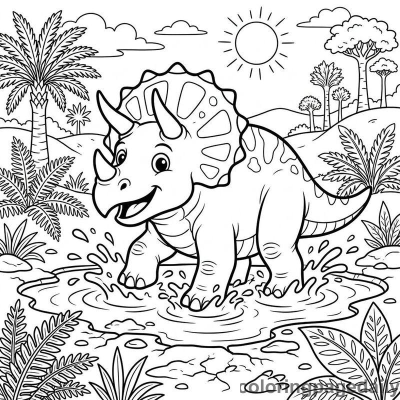 Triceratops Splashing In Mud - Daily printable coloring page in Dinosaur category