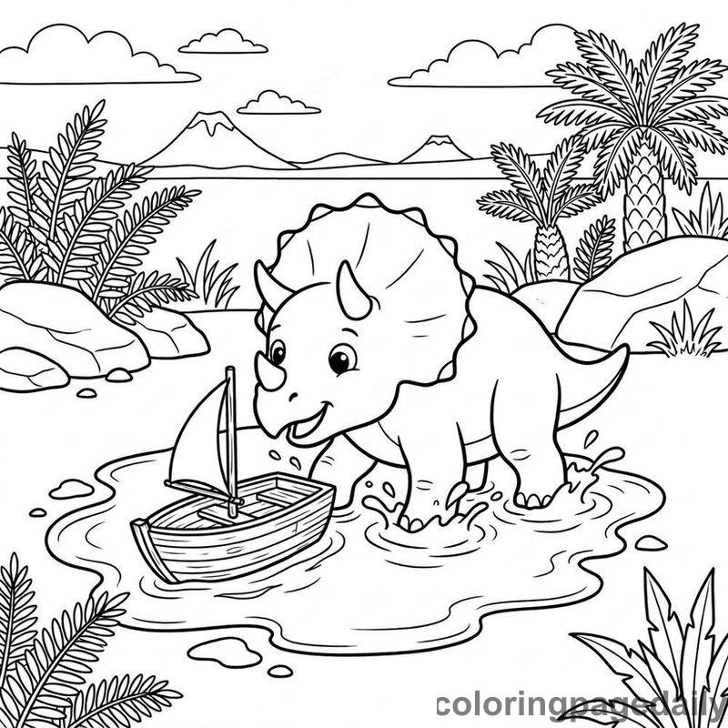 Triceratops Toy Boat - Daily printable coloring page in Dinosaur category