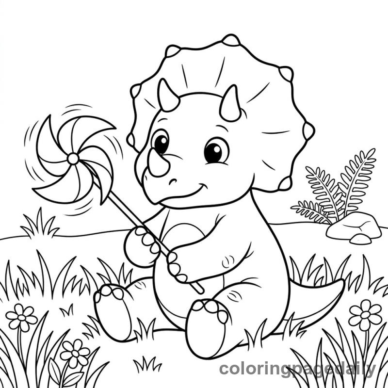 Triceratops With Pinwheel - Daily printable coloring page in Dinosaur category