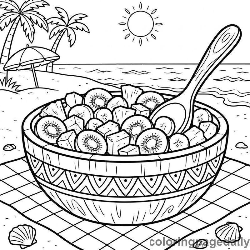 Tropical Fruit Salad Picnic - Daily printable coloring page in Summer Vacation category