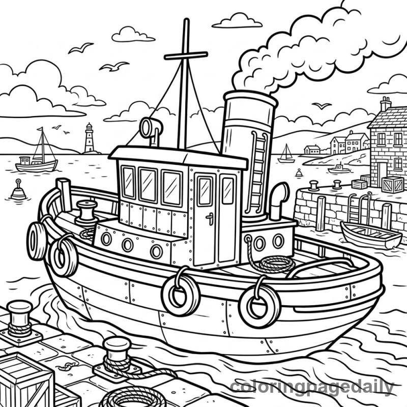 Tugboat Harbor Work - Daily printable coloring page in Vehicle category