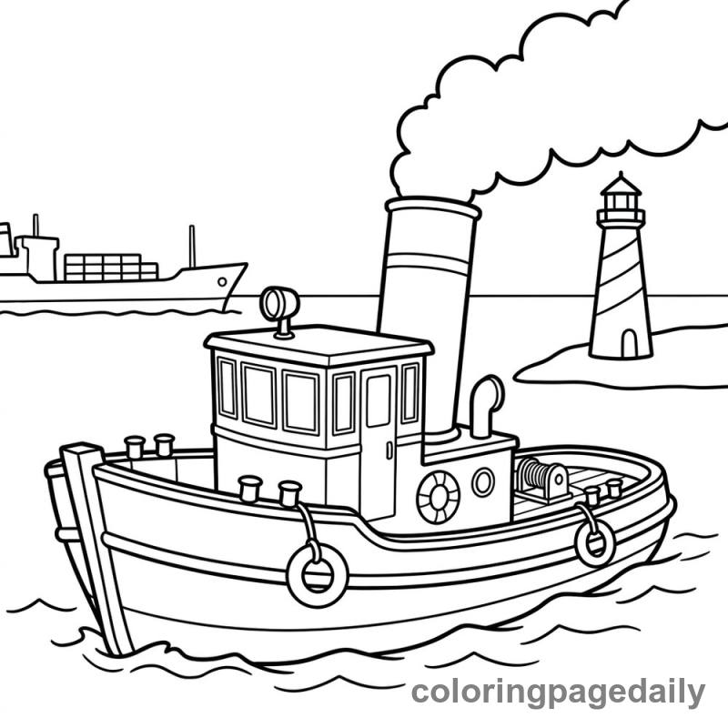 Tugboat in Harbor - Daily printable coloring page in Vehicle category