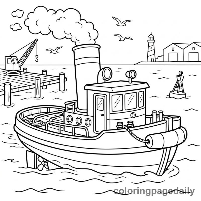 Tugboat in the Harbor - Daily printable coloring page in Vehicle category