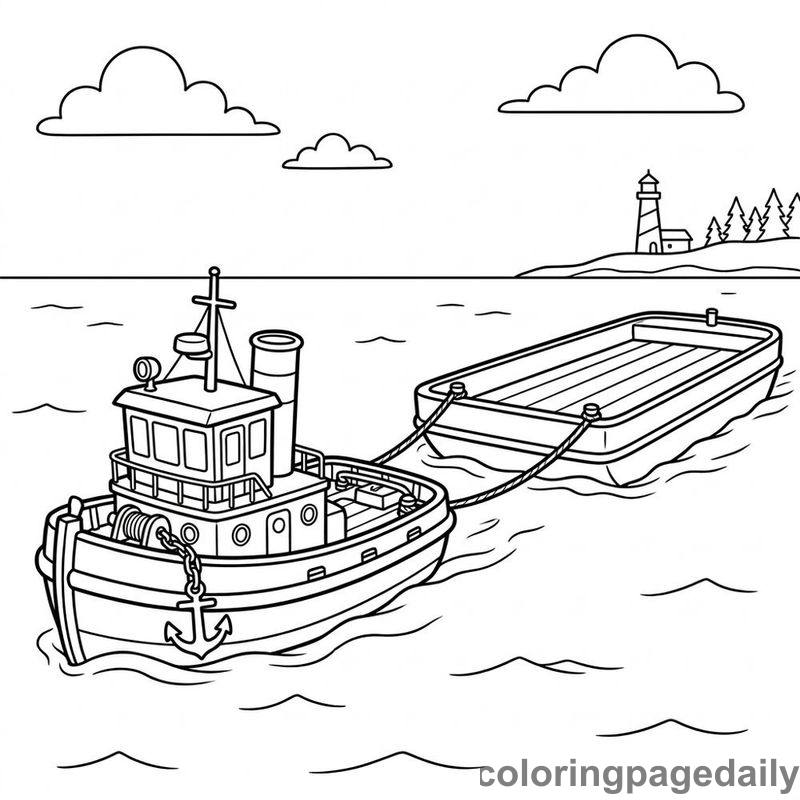 Tugboat Pulling Transport Barge - Daily printable coloring page in Vehicle category