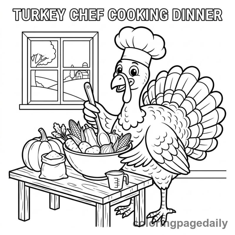 Turkey Chef Cooking Dinner - Daily printable coloring page in Thanksgiving category