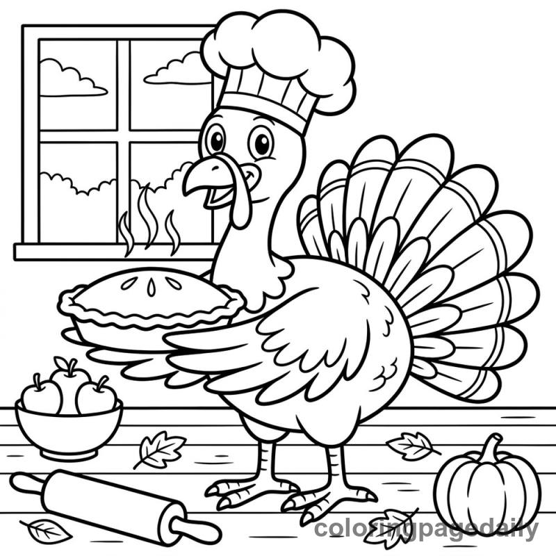 Turkey Chef With Pie - Daily printable coloring page in Thanksgiving category