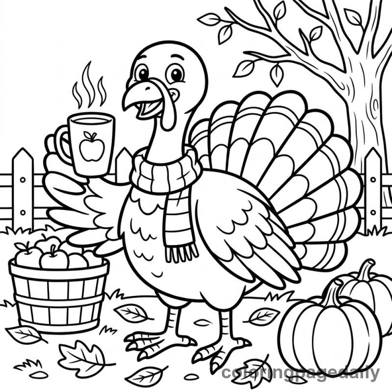 Turkey Drinking Cider - Daily printable coloring page in Thanksgiving category