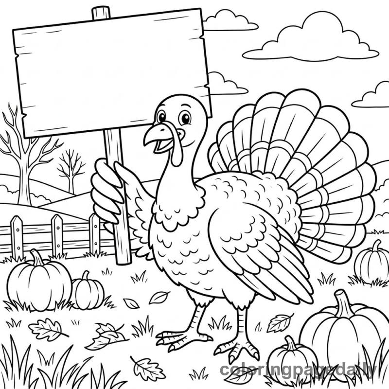 Turkey Holding a Sign - Daily printable coloring page in Thanksgiving category