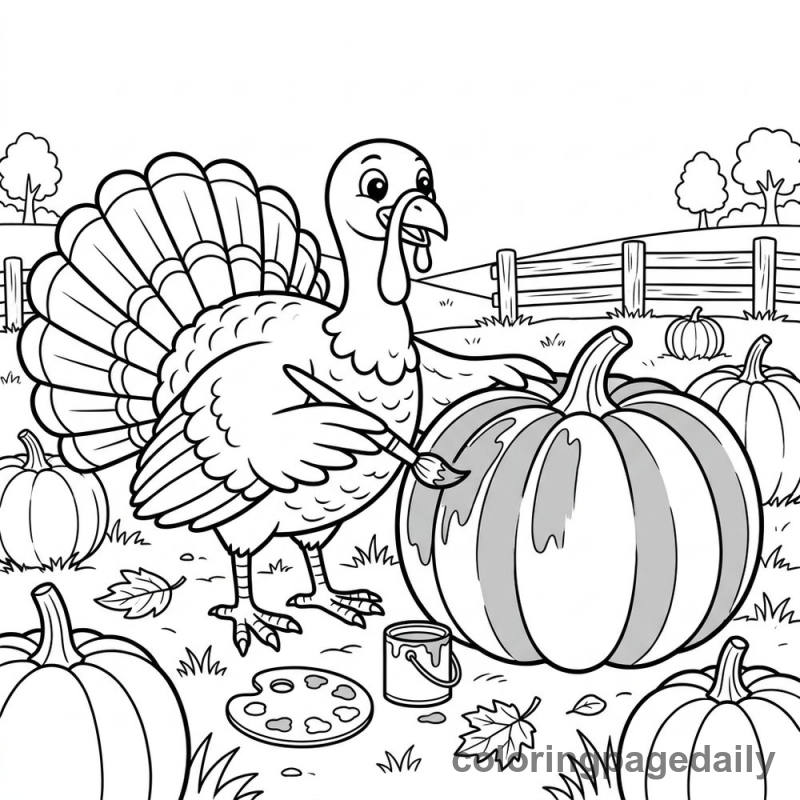 Turkey Painting a Pumpkin - Daily printable coloring page in Thanksgiving category