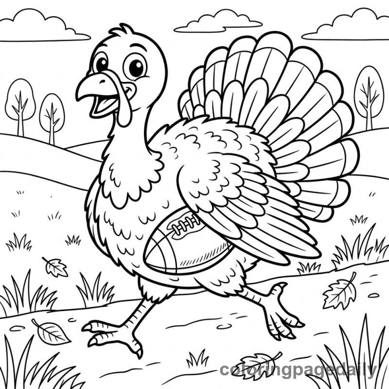 Turkey Playing Football - Daily printable coloring page in Thanksgiving category