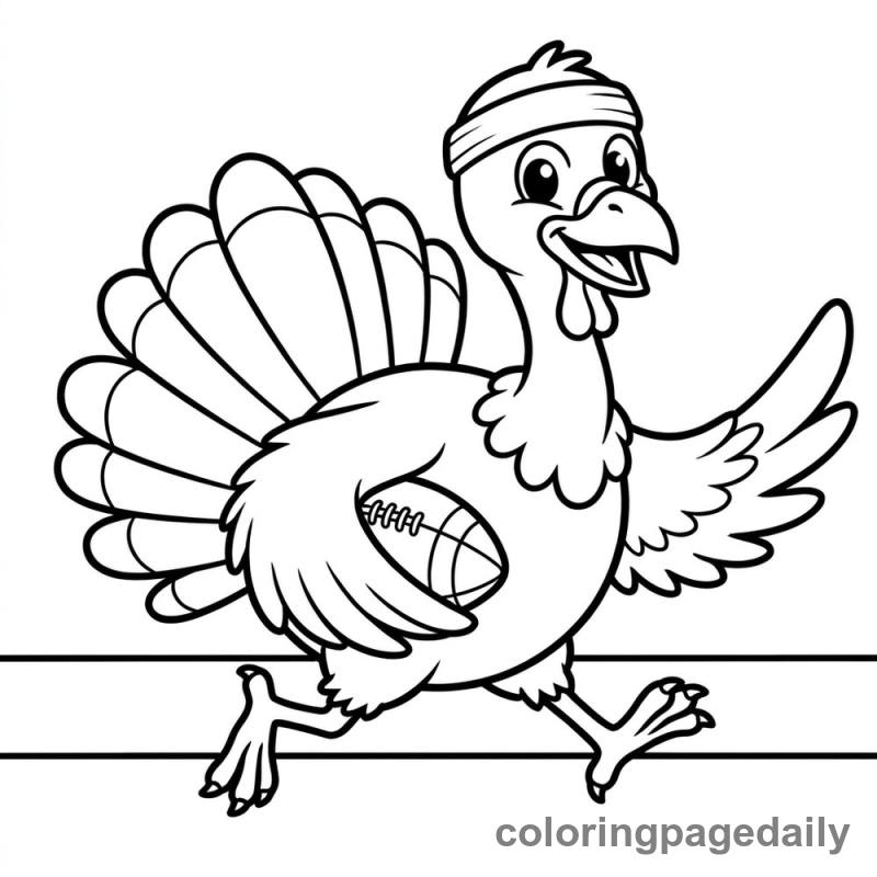 Turkey Playing Football - Daily printable coloring page in Thanksgiving category