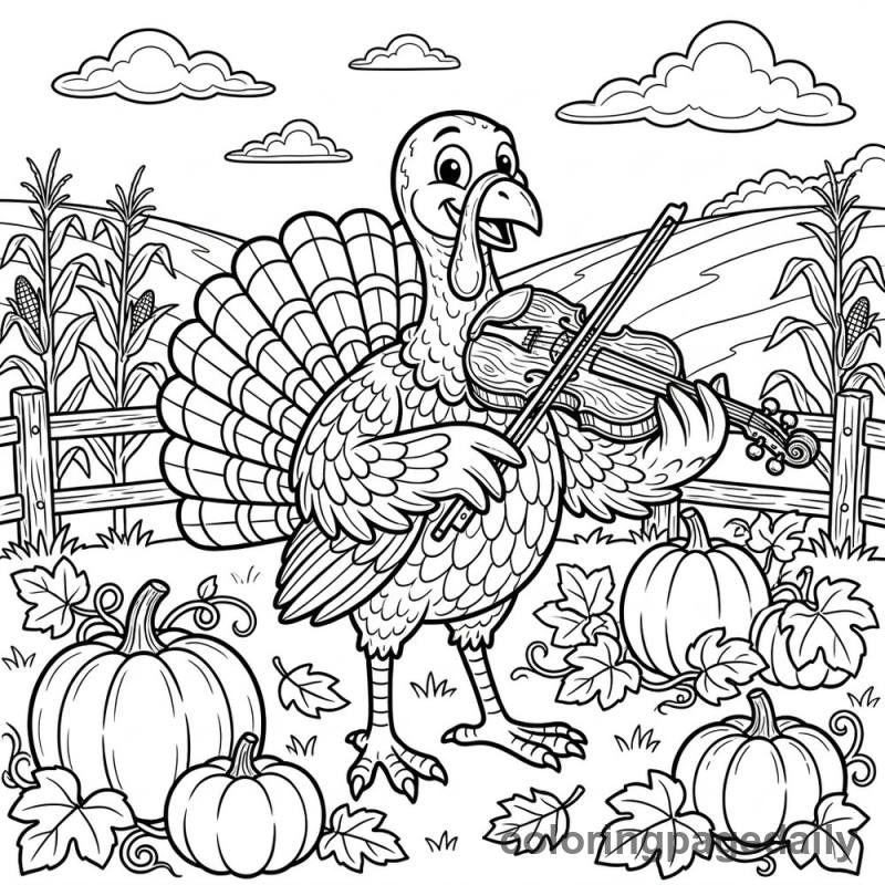 Turkey Playing Violin - Daily printable coloring page in Thanksgiving category