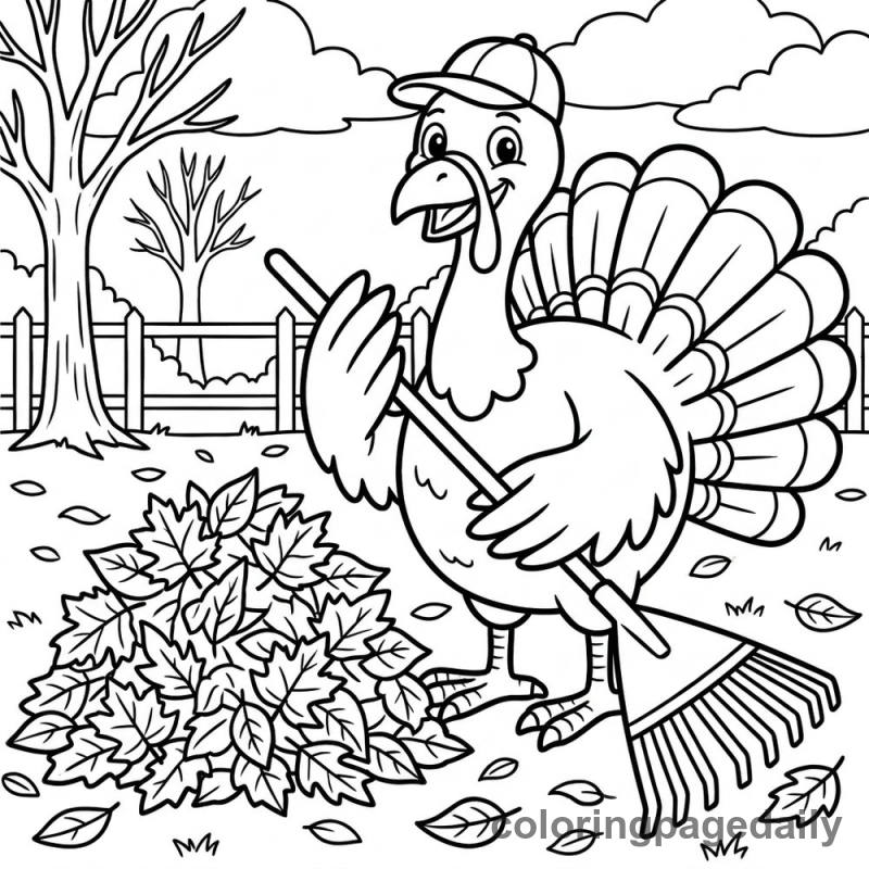 Turkey Raking Autumn Leaves - Daily printable coloring page in Thanksgiving category