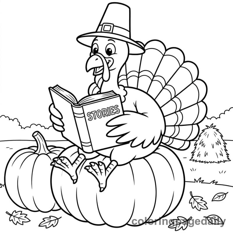 Turkey Reading Book - Daily printable coloring page in Thanksgiving category