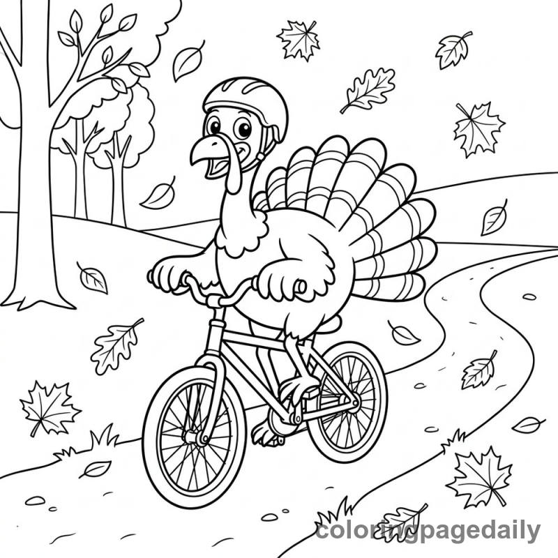Turkey Riding Bicycle - Daily printable coloring page in Thanksgiving category